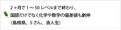 2ヶ月で1～50レベルまで終わり、国語だけでなく化学や数学の偏差値も劇伸（島根県、Sさん、浪人生）